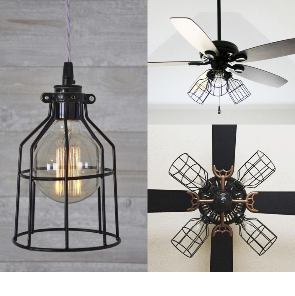Source Unknown Black Metal Cage Pendant and Fan Shades
